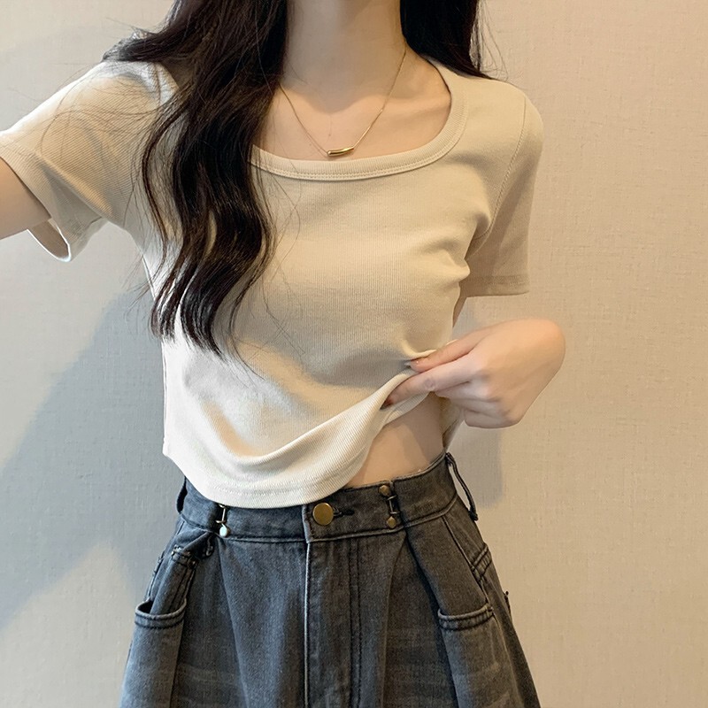 Solid Color French Square Collar Hot Girls Milk Apricot Short-sleeved Top Spring and Summer Pure Desire T-shirt Women's Slim-fit Base Shirt
