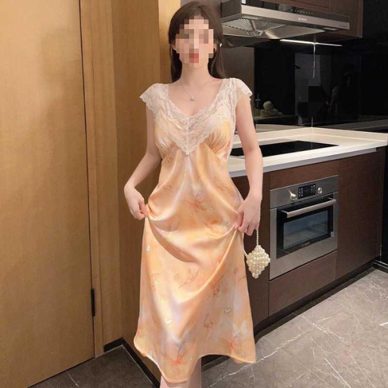 高档胸垫新款奢华睡裙薄款显腰睡衣夏季蕾丝甜美冰雪丝滑家居服