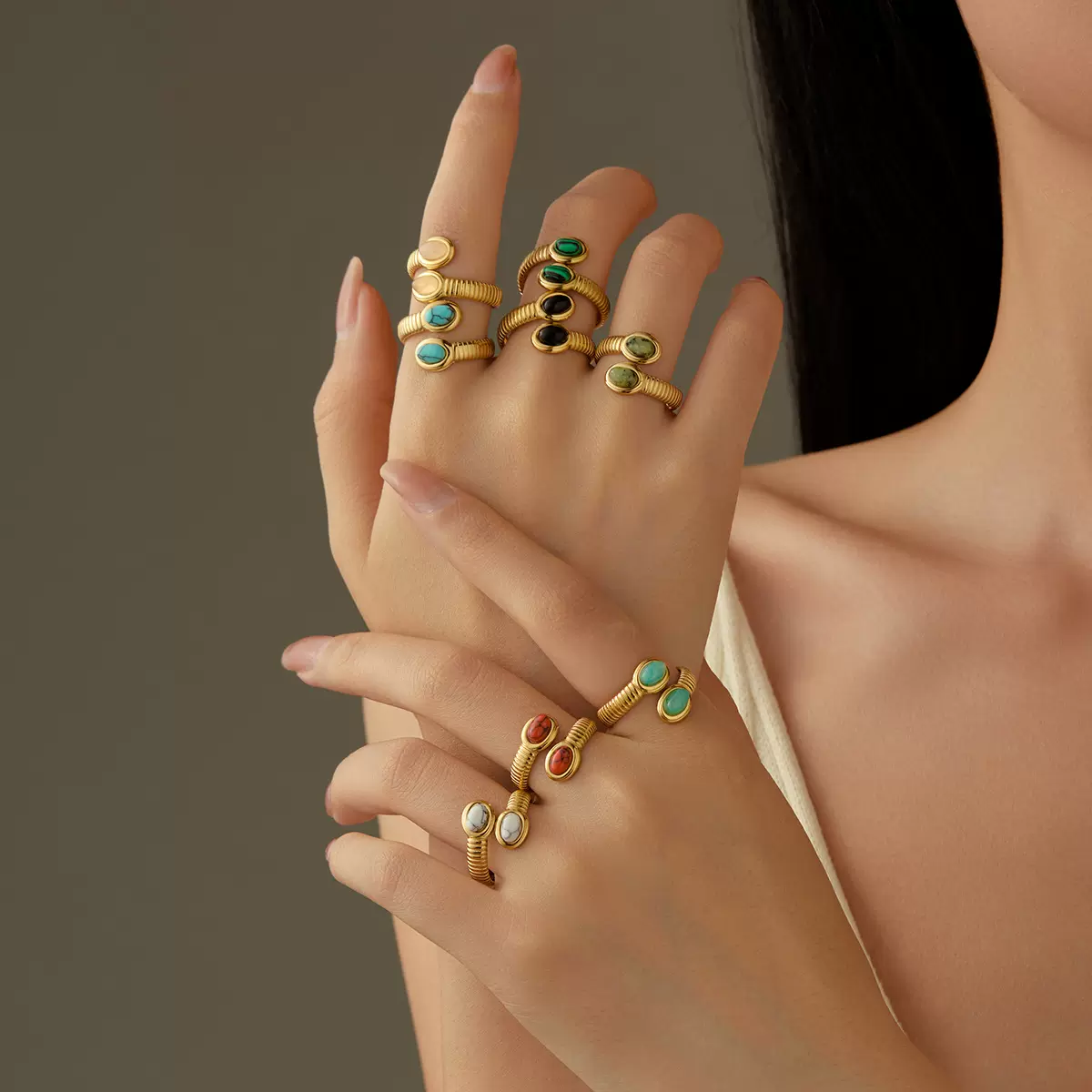 跨境新款欧美大气简约款钛钢椭圆镶嵌天然石时尚高级感不锈钢戒指