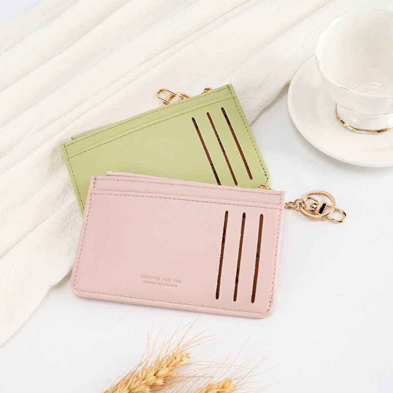 Simple and Clean Colorful Keychain Card Holder for Women, Side Pull Multi-Card Slot Coin Purse and Zipper Wallet for Ladies