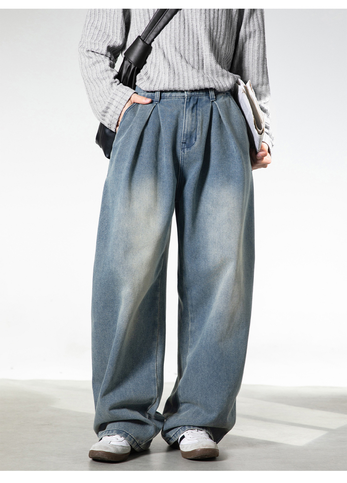 Retro Washed Oversized Jeans for Men Straight Leg Loose Fit Casual Trousers Split Pleats mid Waist Cotton Spring Style_voghion.com