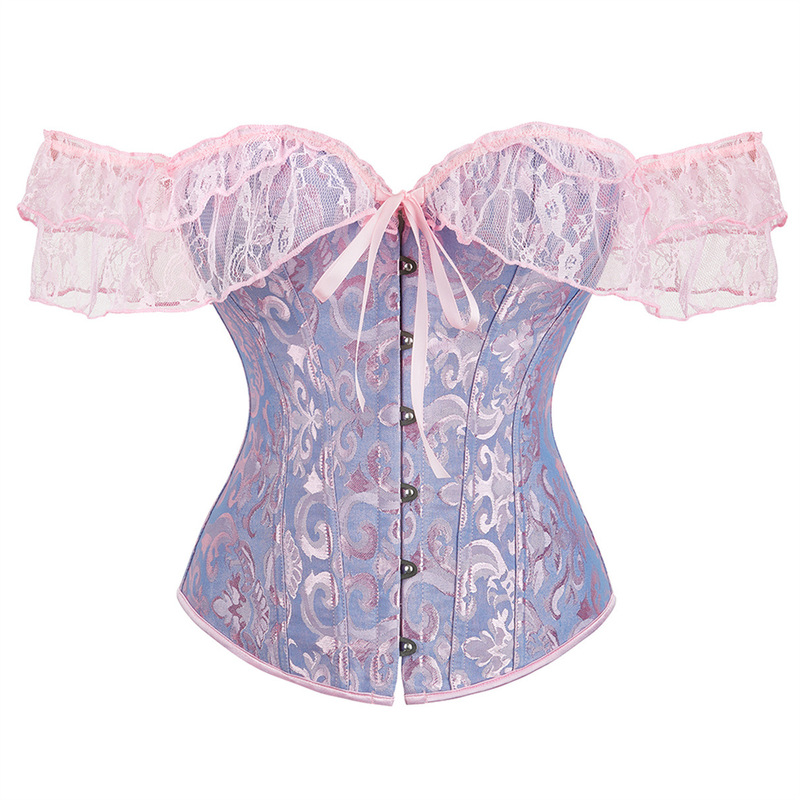 Lace Off-Shoulder Puff Short-Sleeve Shapewear Top with Jacquard Court-Style Front Button Closure, Sexy Corset Lingerie, Factory Direct Shipment Lace Off-Shoulder Puff Short-Sleeve Shapewear Top with Jacquard Court-Style Front Button Closure, Sexy Corset Lingerie, Factory Direct Shipment