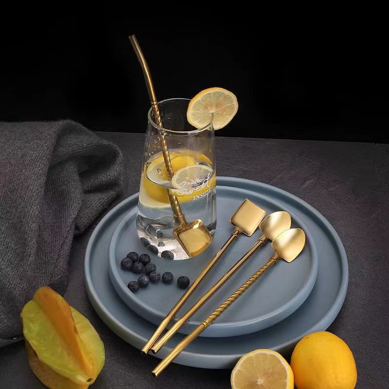 Stainless steel straw spoon combo, innovative iron shovel coffee stirrer straw spoon with thread bar, bar spoon for wholesale