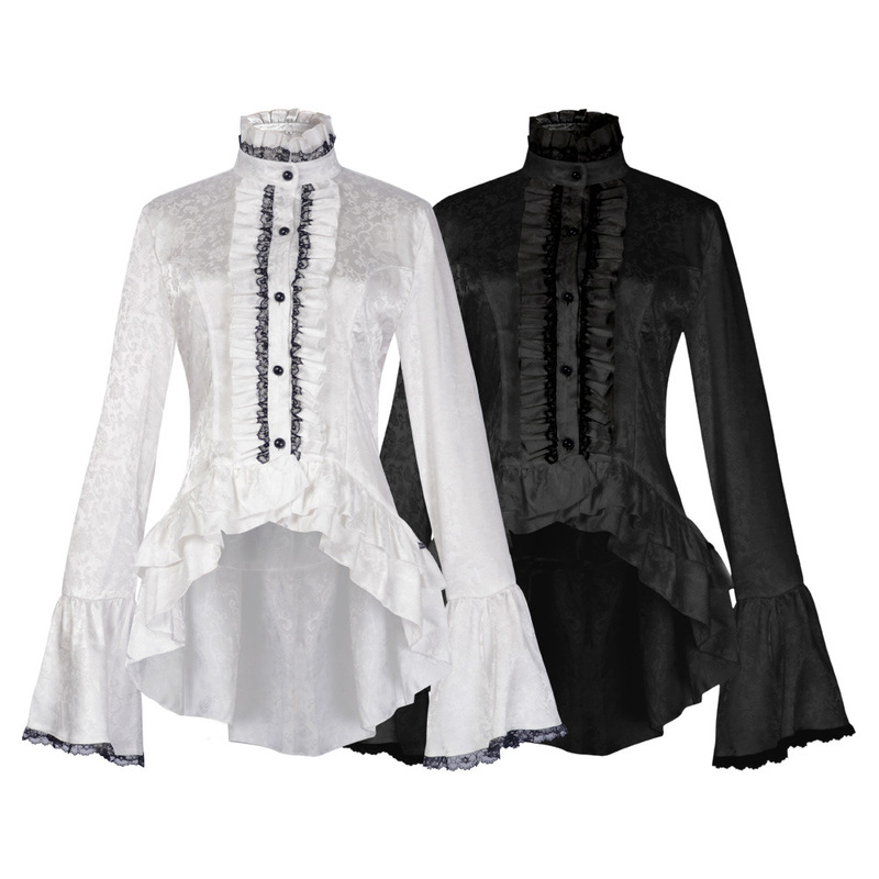 Medieval Cosplay Stand-Up Collar Bell-Sleeve Lace Shirt Victorian Shirt Gothic Steampunk Top