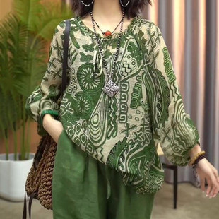 Retro Style Printed plus size 2025 Spring and Summer New Women's Shirt Loose Middle-aged and Elderly Mother's Pullover Sunscreen Top