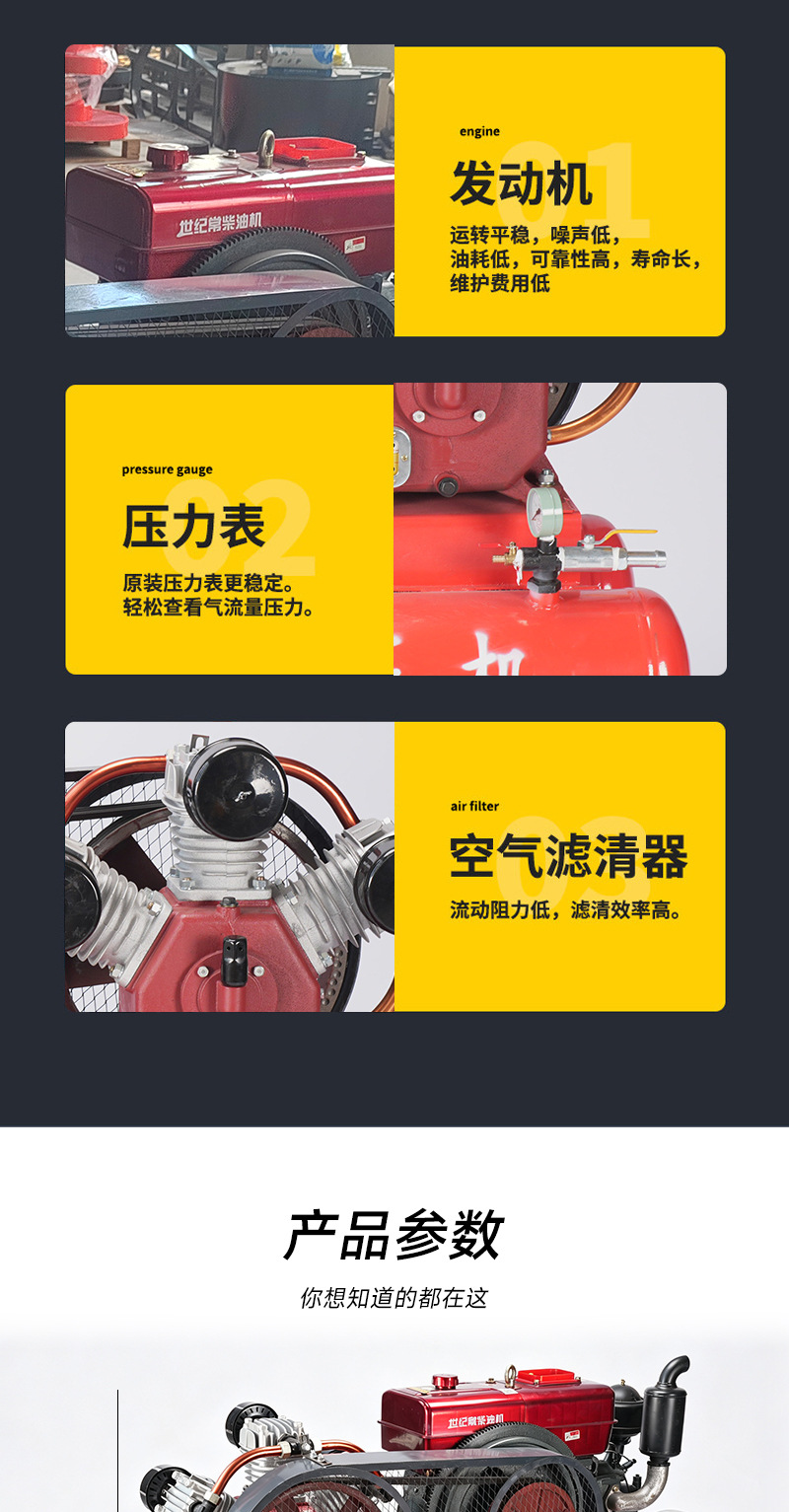 Diesel-powered piston air compressor for mining tunnels, mobile air compressor for outdoor construction sites
