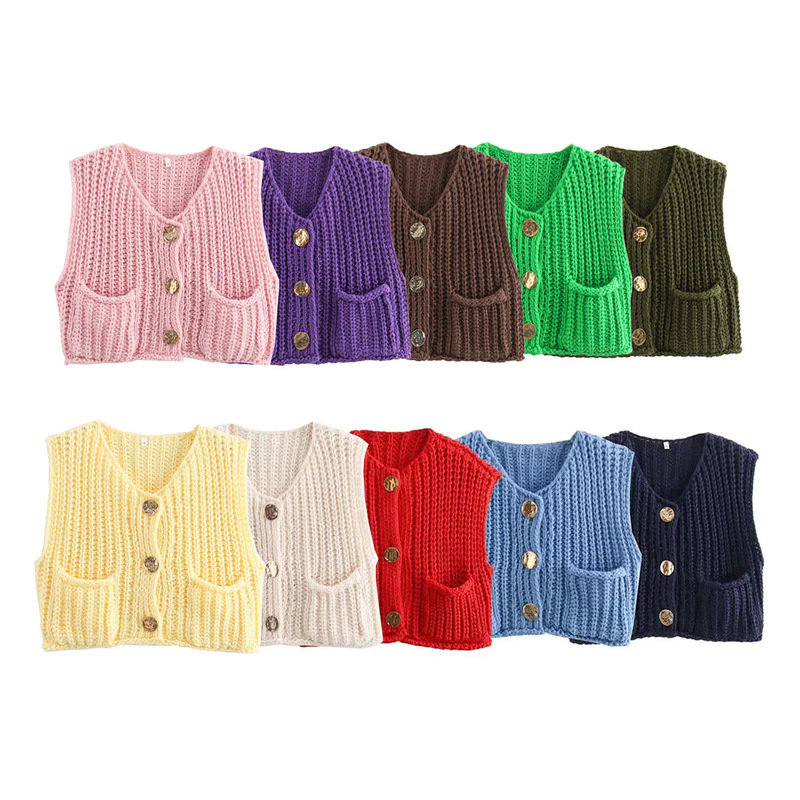 24 Popular Women's Clothing Sleeveless Cardigan Sweater Vest Autum Flap Pocket Pants Vest European and American Style Cross-Border Knitted Short Style