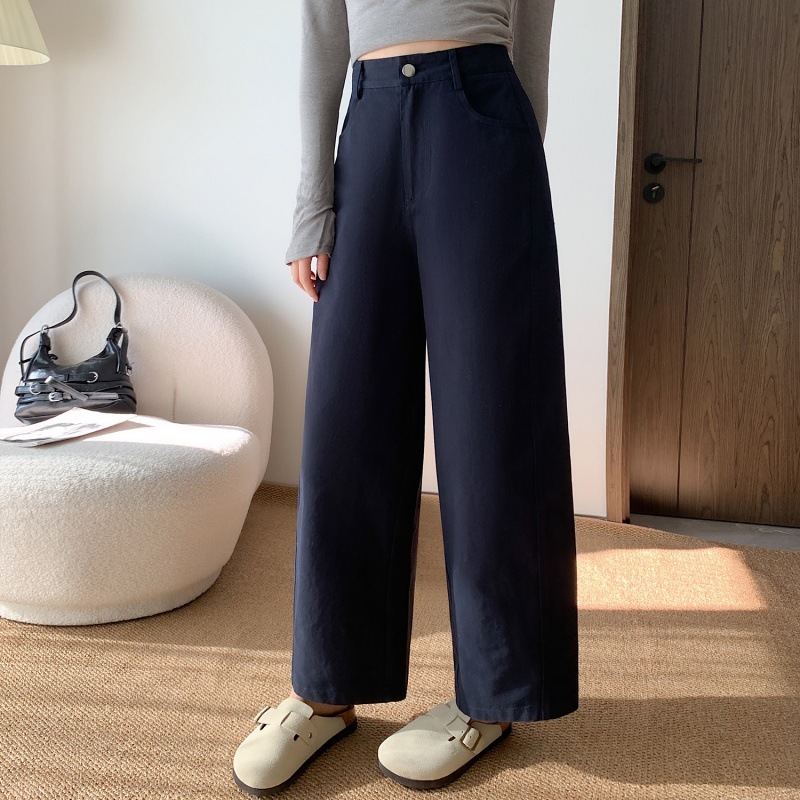 梅紫色洗水棉牛仔阔腿裤女秋冬新款小个子百搭外穿直筒休闲九分裤|undefined