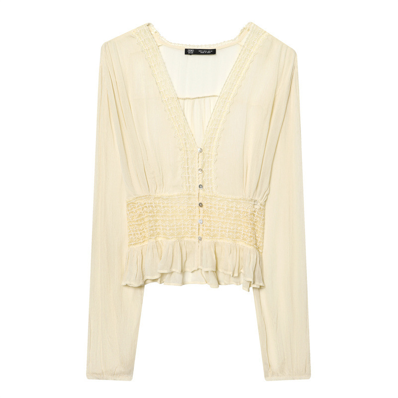 Gentle Style Lace Sheer Long-Sleeve Shirt, New Spring Fashion V-Neck Single-Breasted Versatile Slim-Fit Elegant Top
