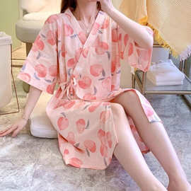 日系甜美ins风桃子印花睡衣女夏季中长款宽松短袖浴袍睡裙家居服