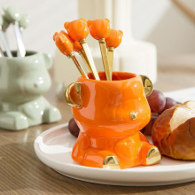 创意陶瓷果叉罐水果叉不锈钢高颜值收纳罐小熊叉子勺子叉勺批发