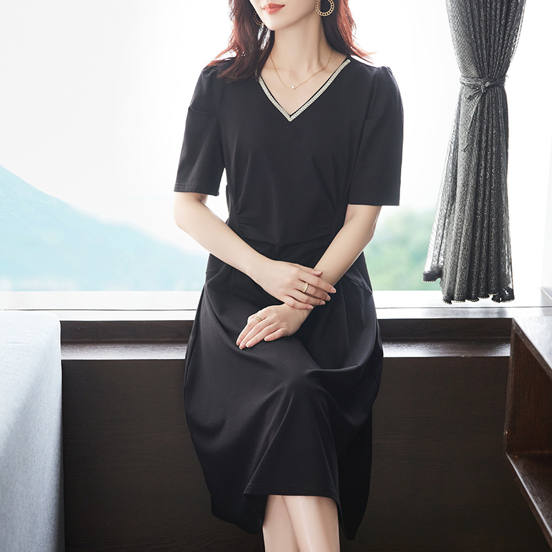 (맞춤형 가공) 원피스 대형 여성용 원피스 구슬 V-NECK 타이트 허리 슬리밍 착용 통근 통통 자매