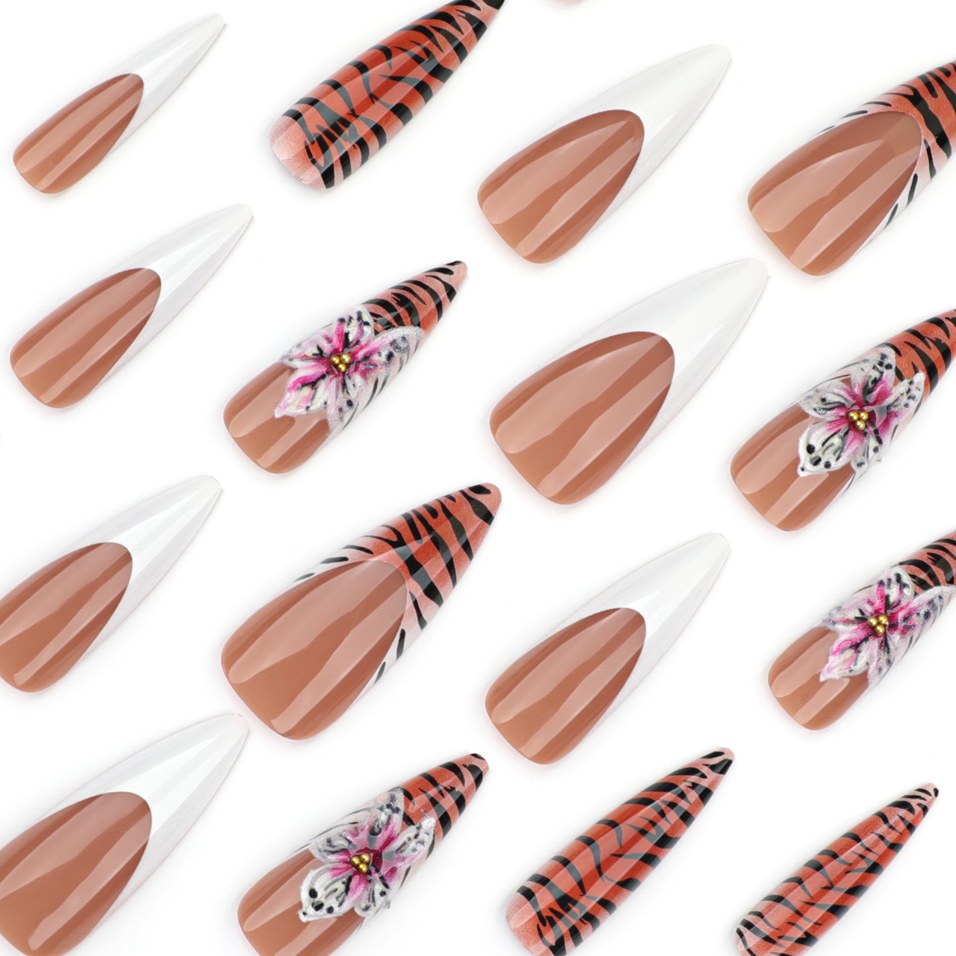 Manicura francesa informal de otoño e invierno, pieza blanca para vestir, estampado de leopardo, uñas con flores 3D_voghion.com