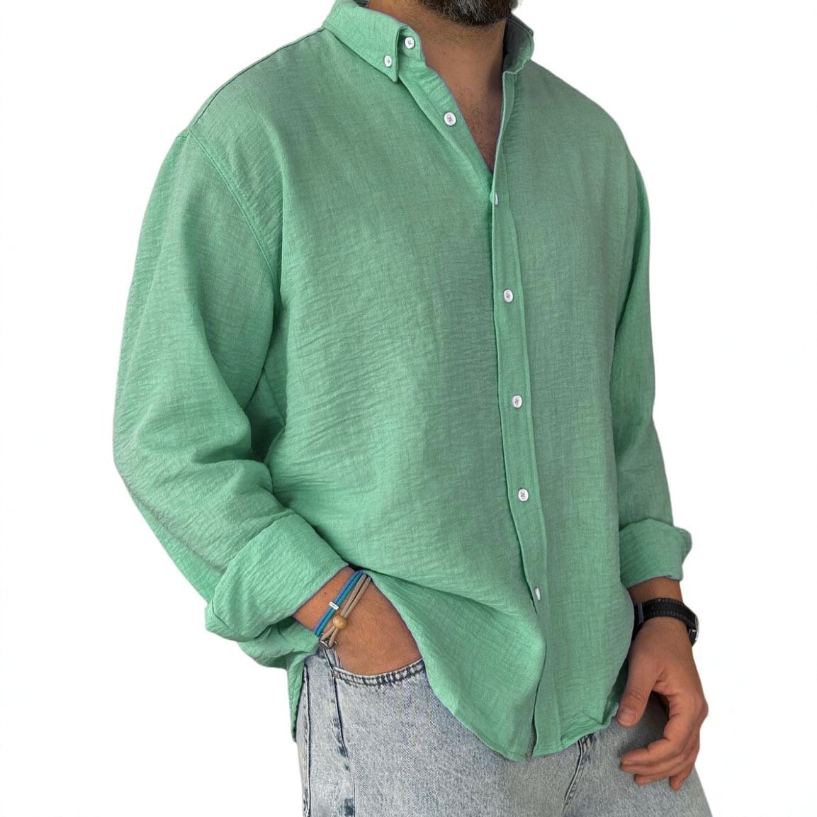 2025 Fall/Winter New Brushed Shirt, European And American Style, Solid Color, Turn-down Collar, Long Sleeve, Men's_voghion.com
