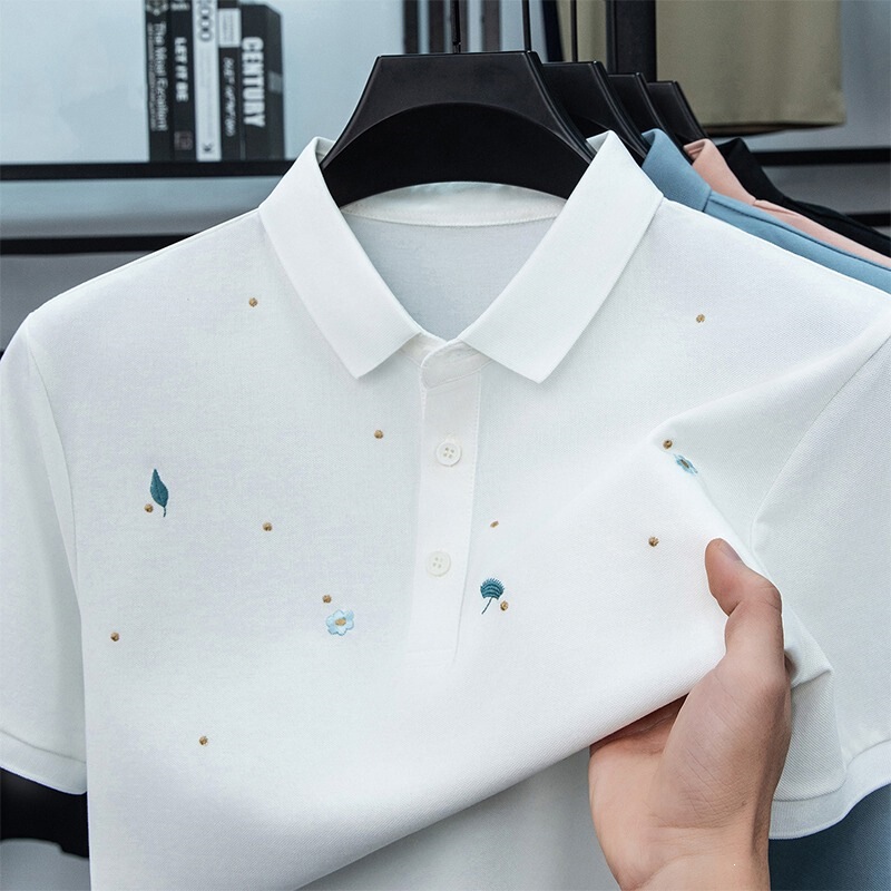 Men's Summer Fashion Plant and Floral Embroidery Polo Shirt Short-Sleeved Light Luxury Trendy Simple Slim Fit Lapel Half-Sleeved T-Shirt Men's Summer Fashion Plant and Floral Embroidery Polo Shirt Short-Sleeved Light Luxury Trendy Simple Slim Fit Lapel Half-Sleeved T-Shirt