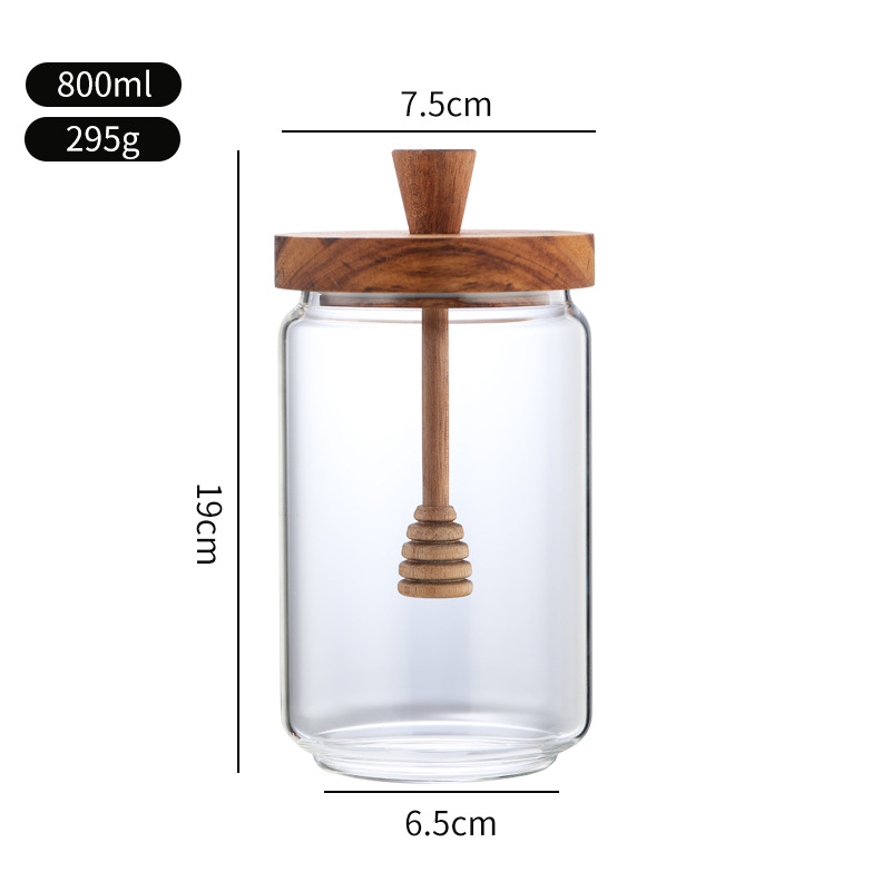 Tanque de almacenamiento de madera de acacia, tanque de miel, barra de mezcla transparente con tapa de borosilicato, tanque de vidrio sellado de almacenamiento de cocina