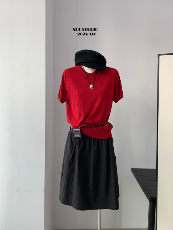 SUE十三行韩系极简风小标设计Polo领针织衫百搭短袖羊毛上衣37129|undefined