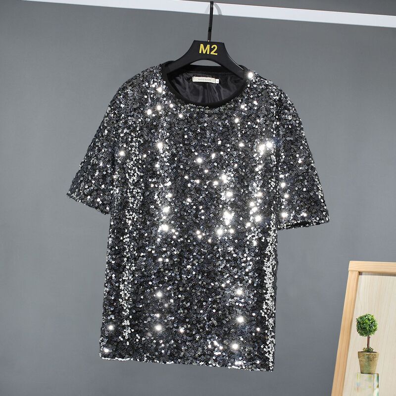 Foreign trade summer new Hong Kong fashion brand sequined short-sleeved T-shirt men's nightclub sequined youth pullover T-shirt