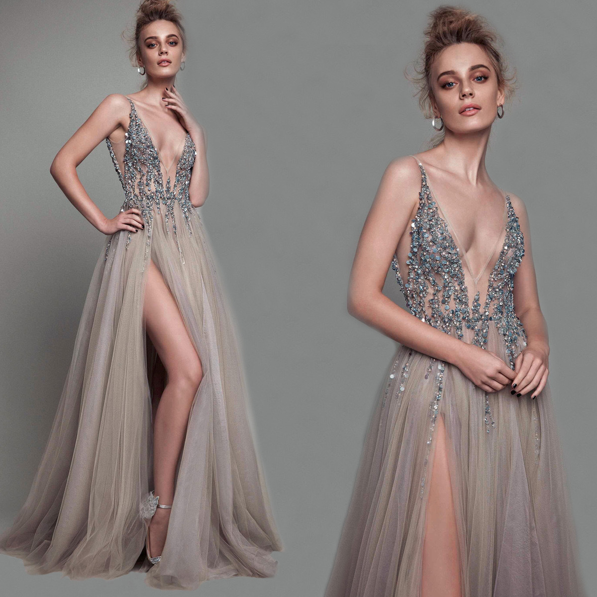 2024 Europa y los Estados Unidos Amazon AliExpress Wish vestido de noche de mujer sexy V-collar de malla de sequillas vestido de noche largo image 1