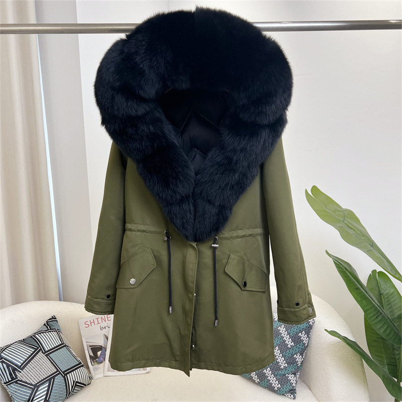 Damenbekleidung Abnehmbarer Parka aus Fuchspelz Mittellanger Kapuzenmantel_voghion.com