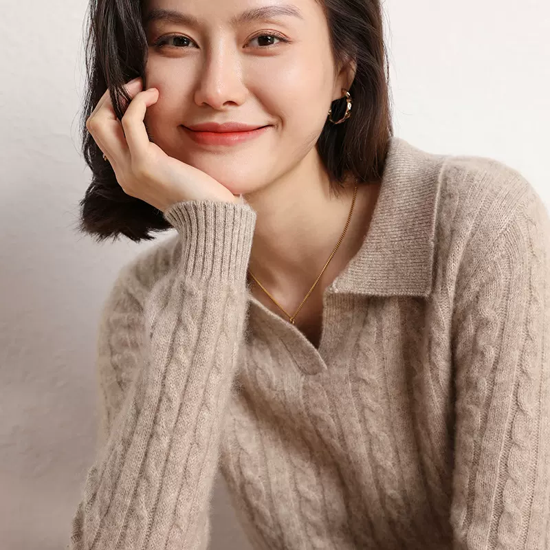 鄂尔多斯市POLO领羊绒衫女100%山羊绒翻领宽松麻花打底衫毛衣长袖