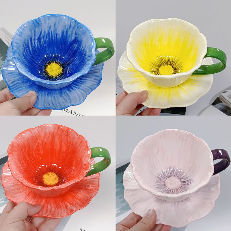 Poppy Flower Restaurant Coffee Ceramic Cup and Saucer Dessert Western Plate Ins-Style High-Value Tableware Set Gift Box