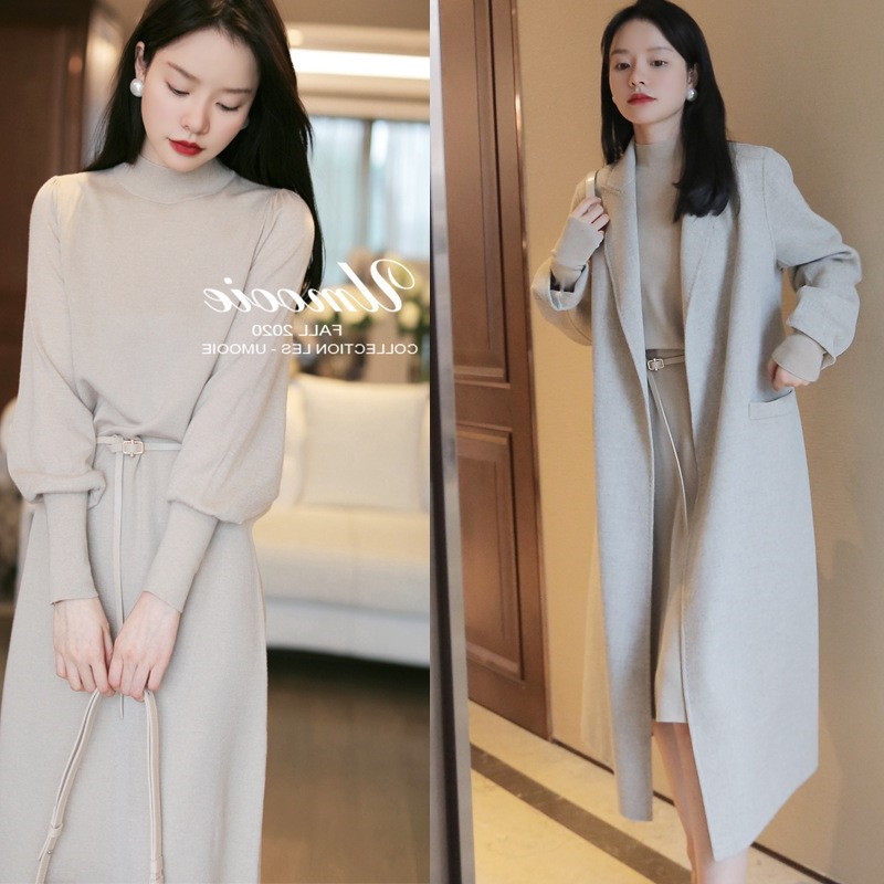 French-Style Long Skirt with a Sweater Dress Underneath, Mid-Length Over-The-Knee Knitted Dress for Women, Elegant for Autumn and Winter