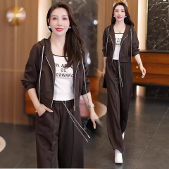 时尚休闲套装女2025秋季新款洋气显瘦连帽开衫背心阔腿裤三件套潮