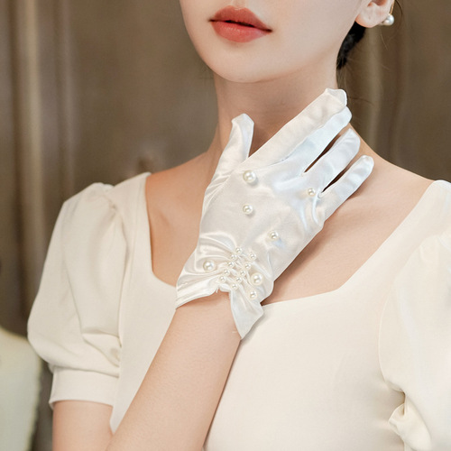 Lace Bridal Gloves White Women's Thin Spring Autumn and Summer Photography Korean Wedding Dress Fairy Pearl Wedding Gloves