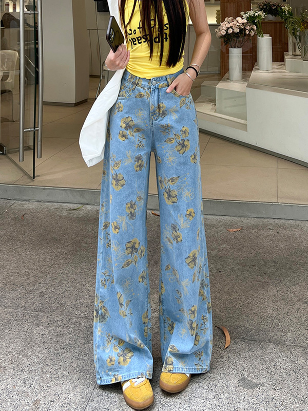 黄碎花扎染牛仔裤女2025秋季超火网红爆款洋气浪漫印花直筒阔腿裤|undefined