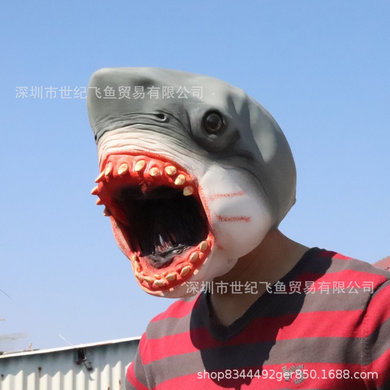 Máscara de tiburón de Halloween tiburón blanco tiburón canibal horror extraño y divertido tocado de látex