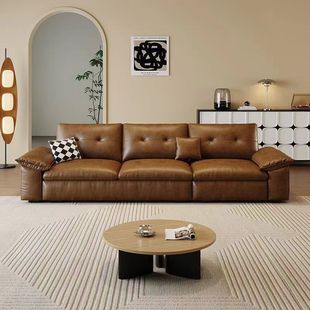 Italian Leather Sofa Minimalist Sofa American Style Living Room Small Apartment Cowhide Modern Retro Simple Straight Row Single Person