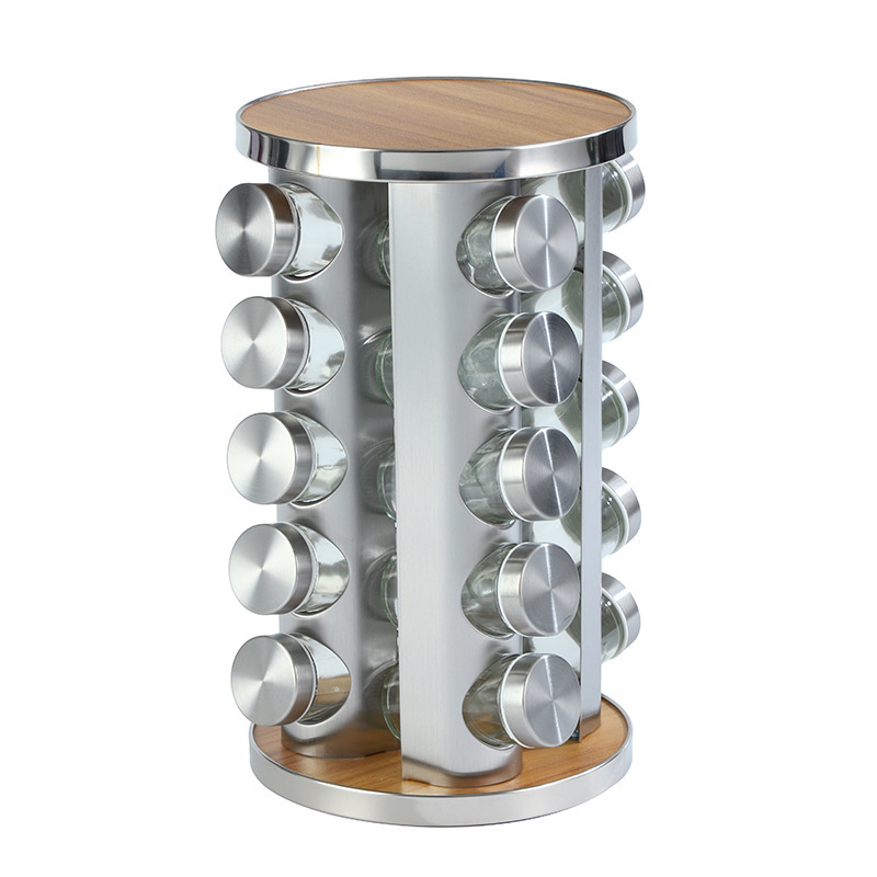 Europa y los Estados Unidos nuevos soporte de condimento de hierro inoxidable 20 botellas de soporte de condimento giratorio estante de almacenamiento de cocina cabello recto