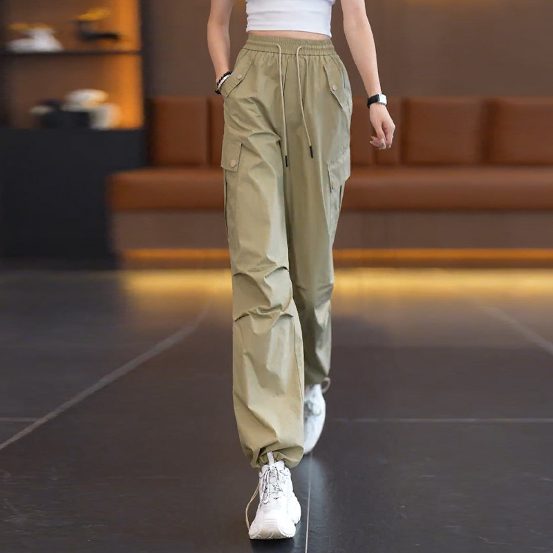 红色美式工装裤女直筒裤2025新款夏季时尚百搭高腰宽松阔腿运动裤|undefined