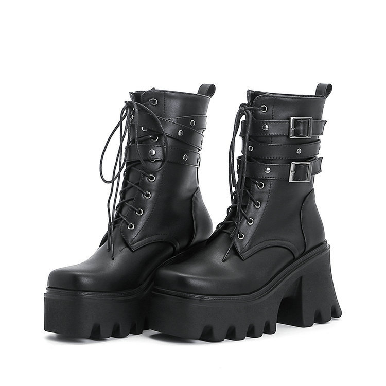 Thick-soled Martin Boots Women's High-heeled Ankle Boots Thick-heeled Autumn and Winter Front Lace-up Ankle Boots Belt Buckle Fashion Women's Shoes