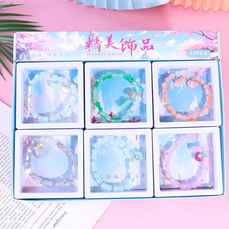 Pulsera de cuentas de bambú de dibujos animados - Estilo时尚, venta al por mayor, cuentas de cristal, joya para parejas y estudiantes, pulsera para niños y joyería femenina