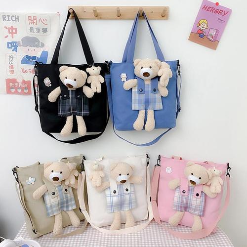 Korean shoulder bag for women 2024 new niche casual cloth bag bear canvas bag female student class bag crossbody bag