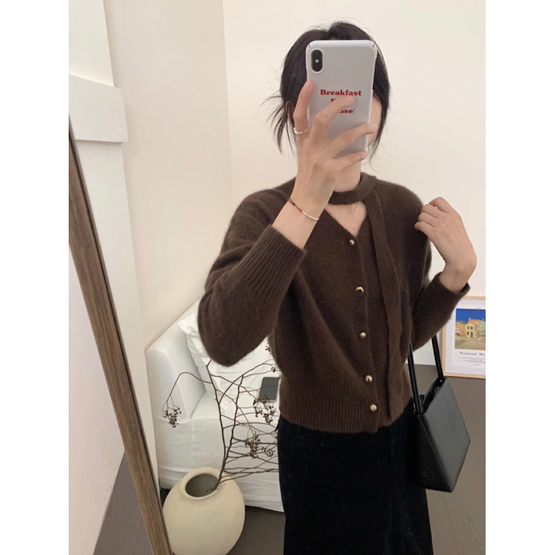 秋别致冬新款韩系飘带挂脖浣熊绒穿搭毛衣女外套温柔灰色针织开衫|undefined