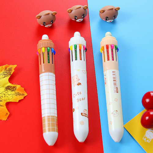 Creative Small Bear Push-Button Multicolor Ballpoint Pen, Cute Student Stationery 10-Color Ballpoint Pen, Fresh and Colorful Journal Pen