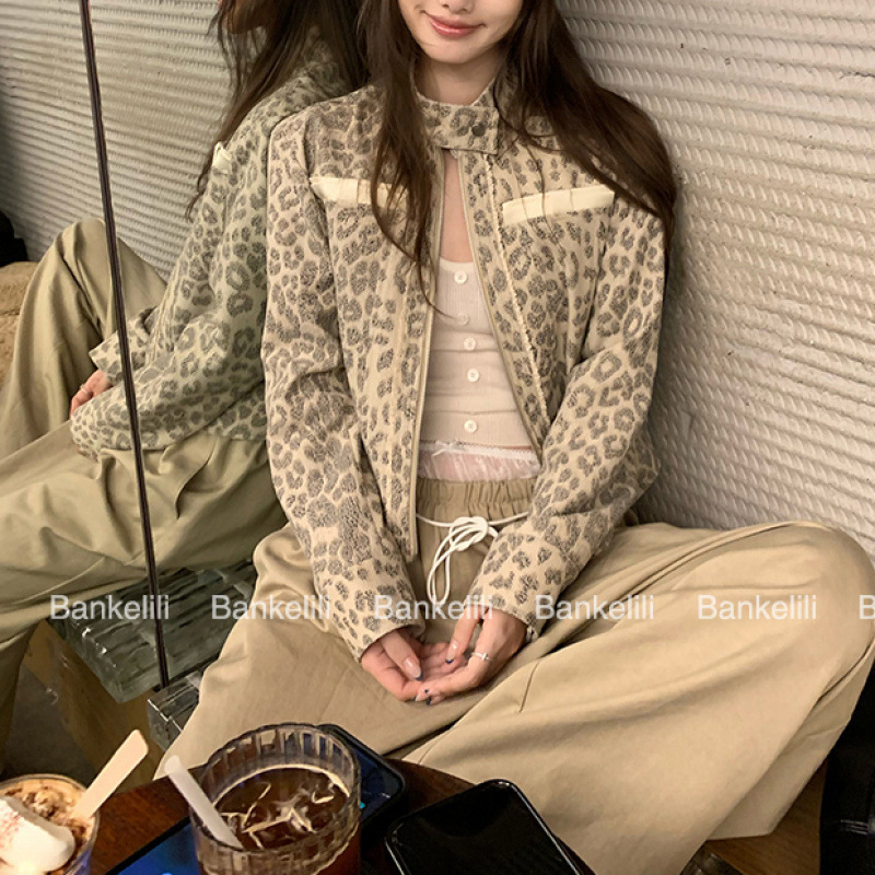 板栗可可Bankelili'豹纹限定'小众做旧定染豹纹印花立领外套女秋|undefined