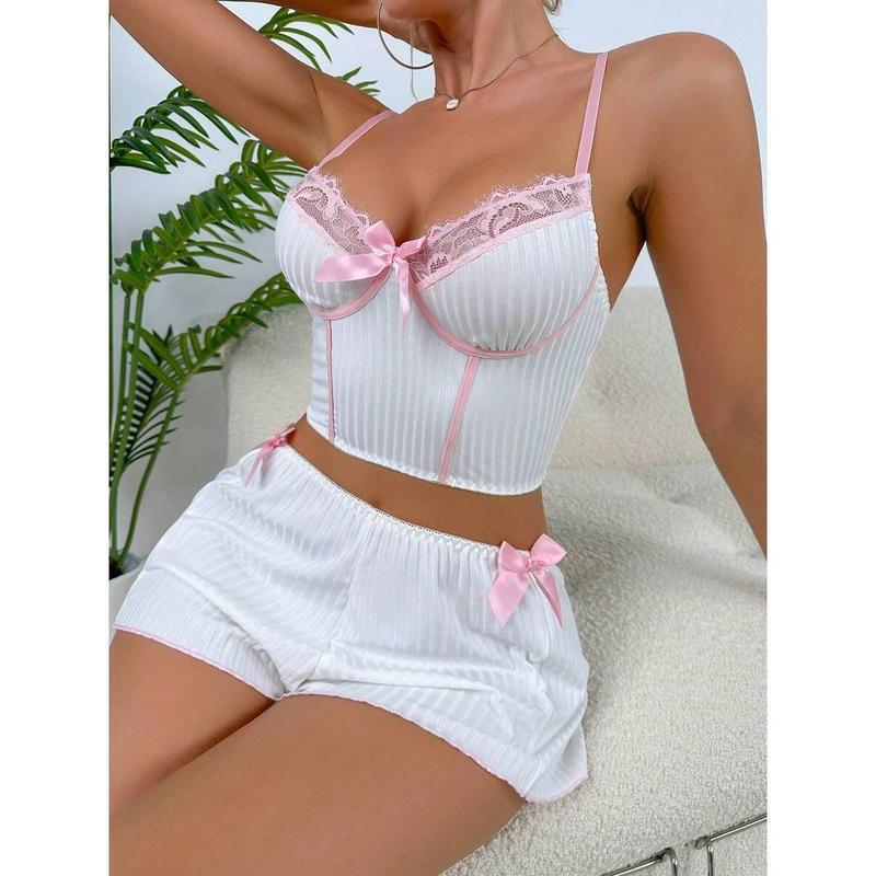 Foreign Trade Dropshipping Cross-Border Lingerie Comfortable Night Contrast Lace Bow Front Pajamas Set