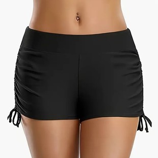 New Foreign Trade Anti-Exposure Cross-Border Hot-Selling Amazon Popular Solid Color Women's Boxer Swim Shorts with Side Drawstrings