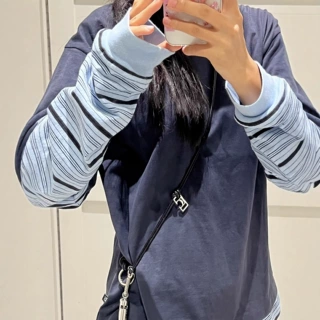 韩代款low classic 假两件拼接条纹圆领休闲宽松百搭秋长袖女卫衣