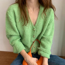 韩国chic秋季温柔复古V领显瘦奶呼呼毛绒感宽松长袖针织开衫毛衣