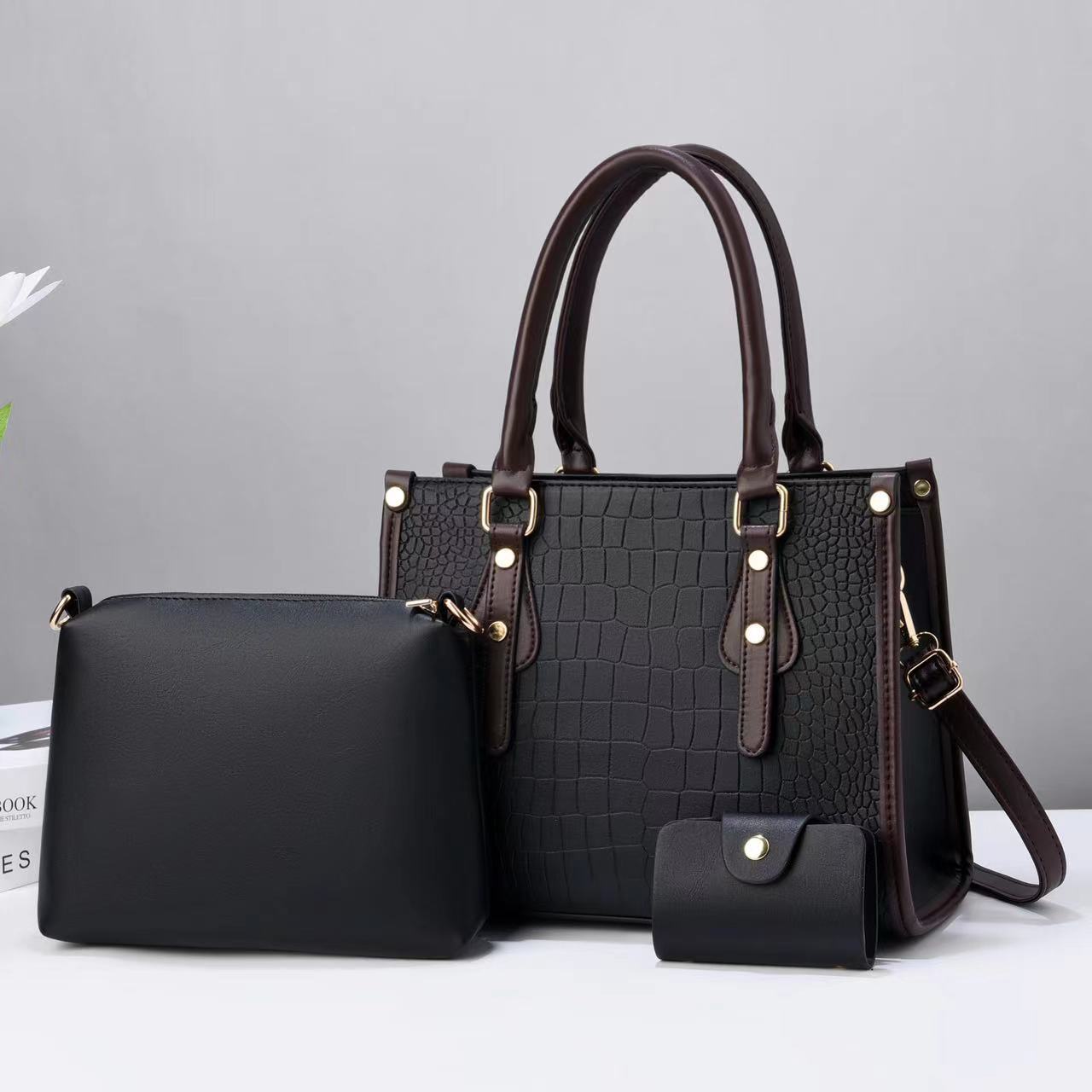 Spring Season Women's Large Pu Leather Solid Color Crocodile Vintage Style Zipper Bag Sets Handbag