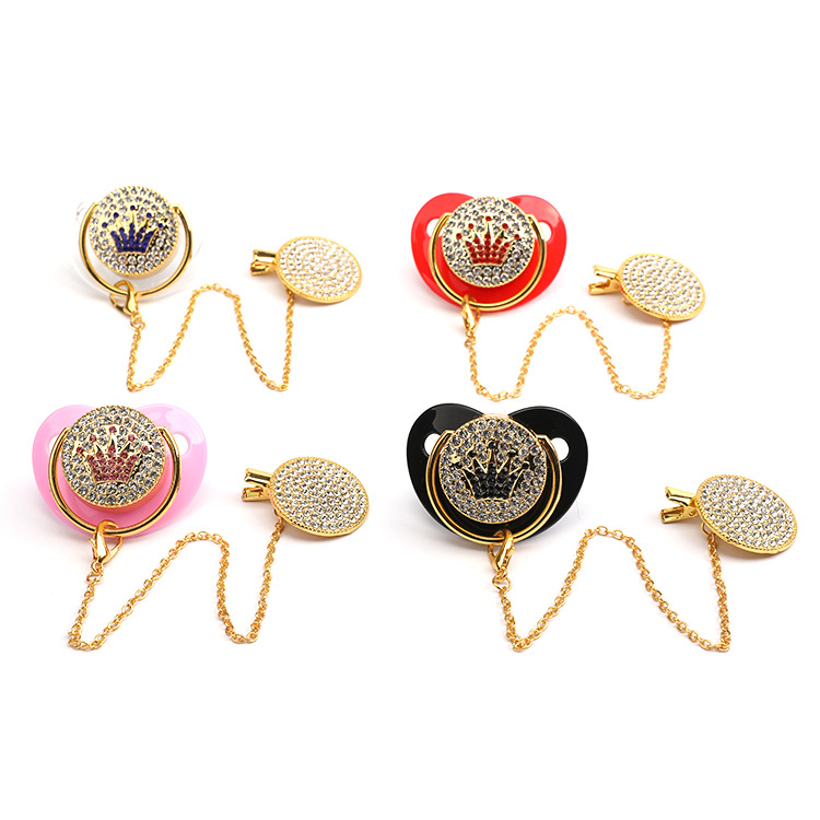 Cross-Border Hot Selling Full Diamond Crown Style Baby Pacifier Wholesale Baby with Diamond Soothing Play Mouth with Anti-Drop Chain