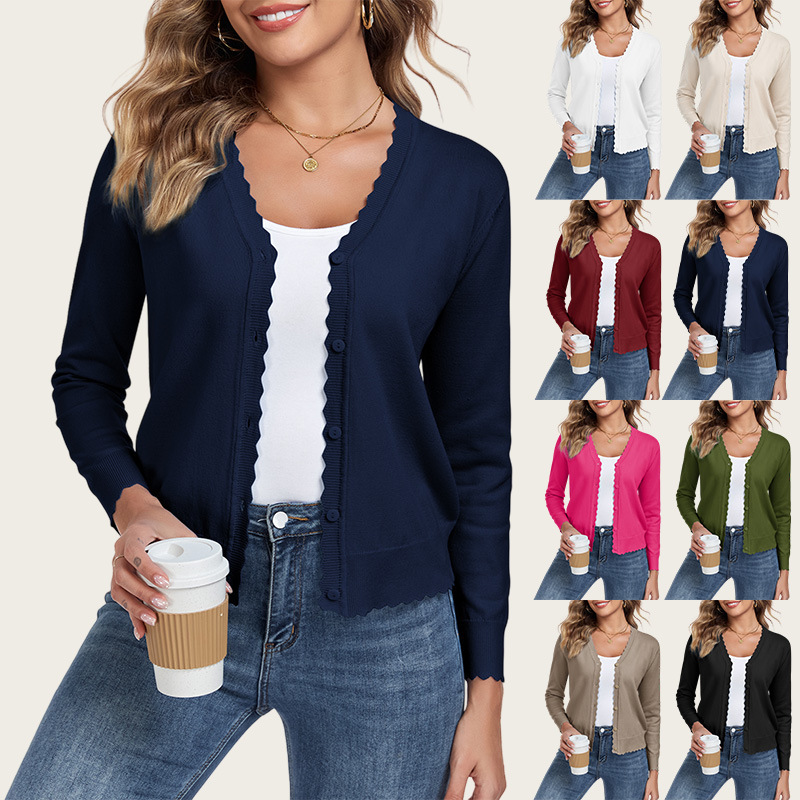 Women's Thin V-Neck Cardigan with Ruffled Edges, 9/10 Sleeves, New Fashion Short Knit Cardigan, Versatile and Stylish