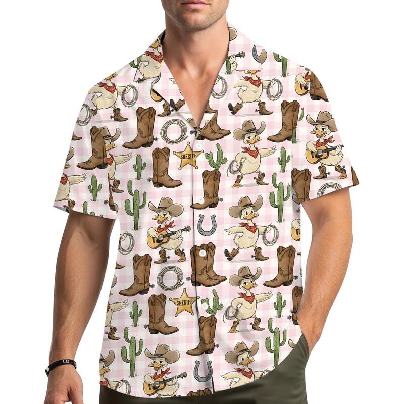 Pink and white plaid western cowboy shirt with duck and cactus prints, Cuban collar, short-sleeved, cute for men in summer Pink and white plaid western cowboy shirt with duck and cactus prints, Cuban collar, short-sleeved, cute for men in summer