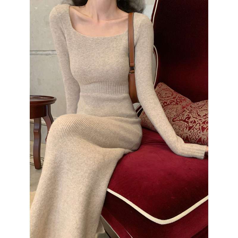 Korean Gentle Mature Retro Square-Neck Ol Knitted Sweater Dress for Women, Spring Waist-Cinching Base Layer Long Dress Korean Gentle Mature Retro Square-Neck Ol Knitted Sweater Dress for Women, Spring Waist-Cinching Base Layer Long Dress