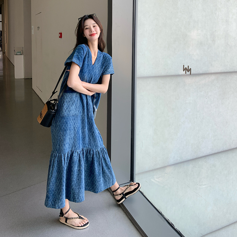 Real Shot of Blue Retro Denim Dress for Women Summer New Design Niche Fashion Loose Fishtail Skirt Long Skirt